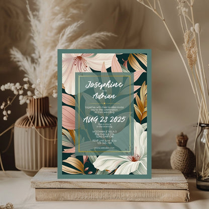 Elegant Floral Green Frame Minimalist Wedding Invitation