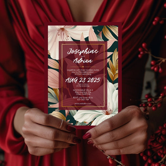 Elegant Floral Red Frame Minimalist Wedding Invitation