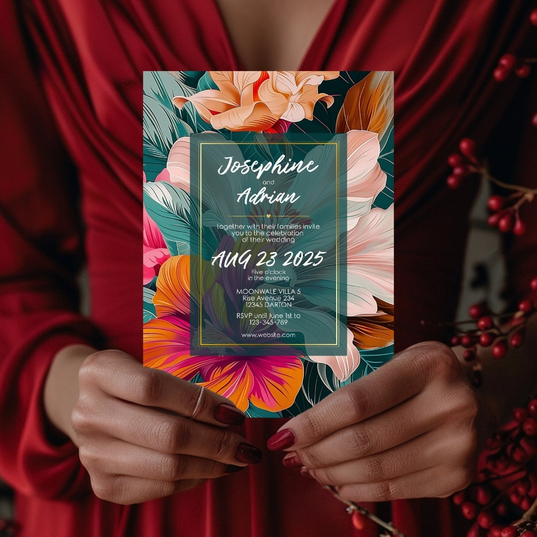 Colorful Floral Teal Leaves Wedding Invitation