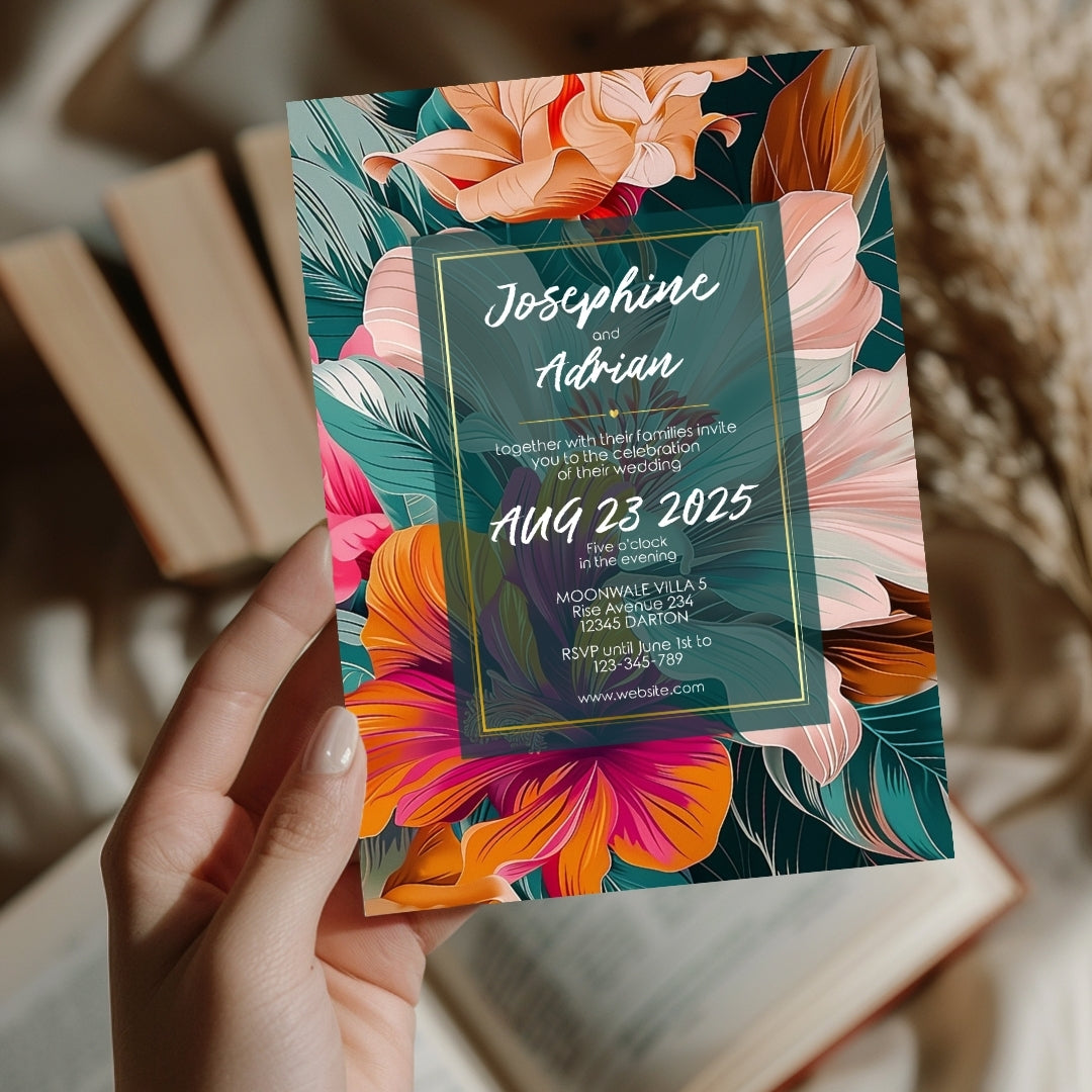 Colorful Floral Teal Leaves Wedding Invitation