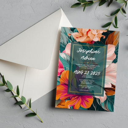 Colorful Floral Teal Leaves Wedding Invitation