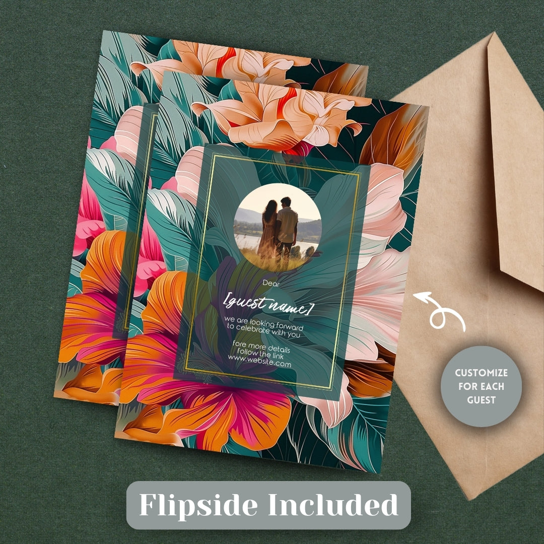 Colorful Floral Teal Leaves Wedding Invitation