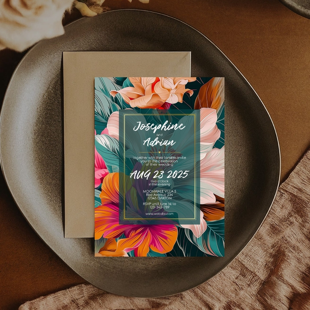 Colorful Floral Teal Leaves Wedding Invitation