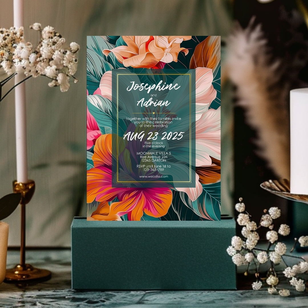 Colorful Floral Teal Leaves Wedding Invitation