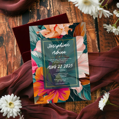 Colorful Floral Teal Leaves Wedding Invitation