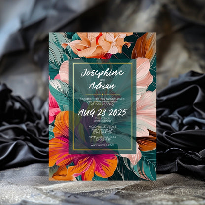 Colorful Floral Teal Leaves Wedding Invitation