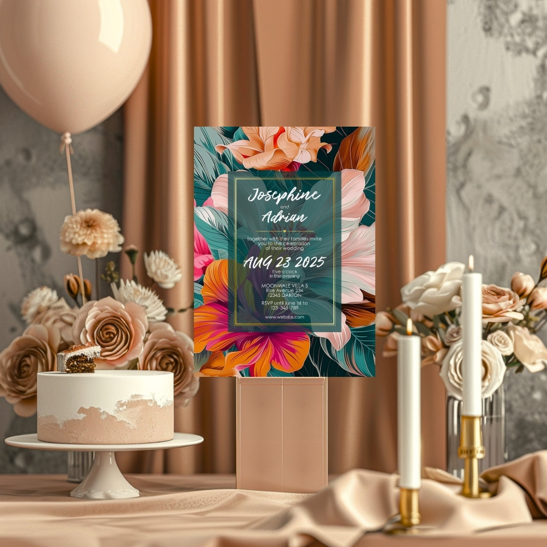 Colorful Floral Teal Leaves Wedding Invitation