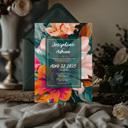 Colorful Floral Teal Leaves Wedding Invitation