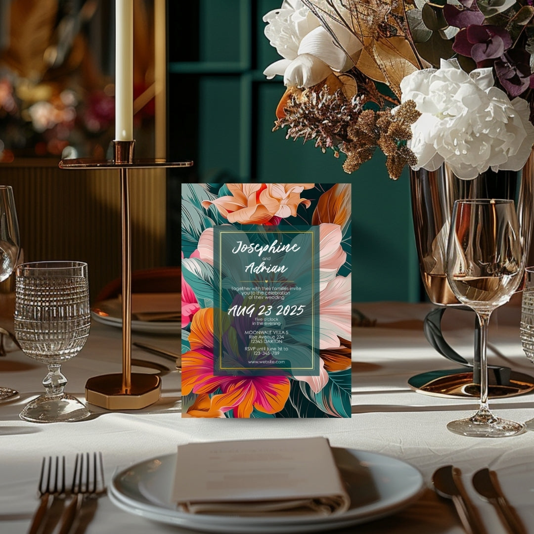 Colorful Floral Teal Leaves Wedding Invitation