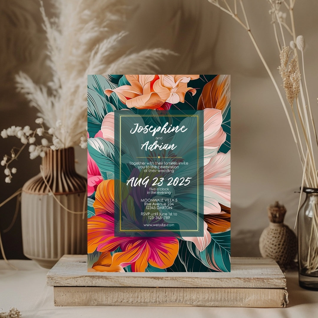 Colorful Floral Teal Leaves Wedding Invitation