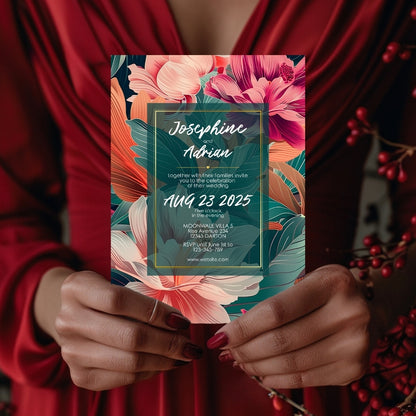 Teal and Orange Florals Minimalist Wedding Invitation