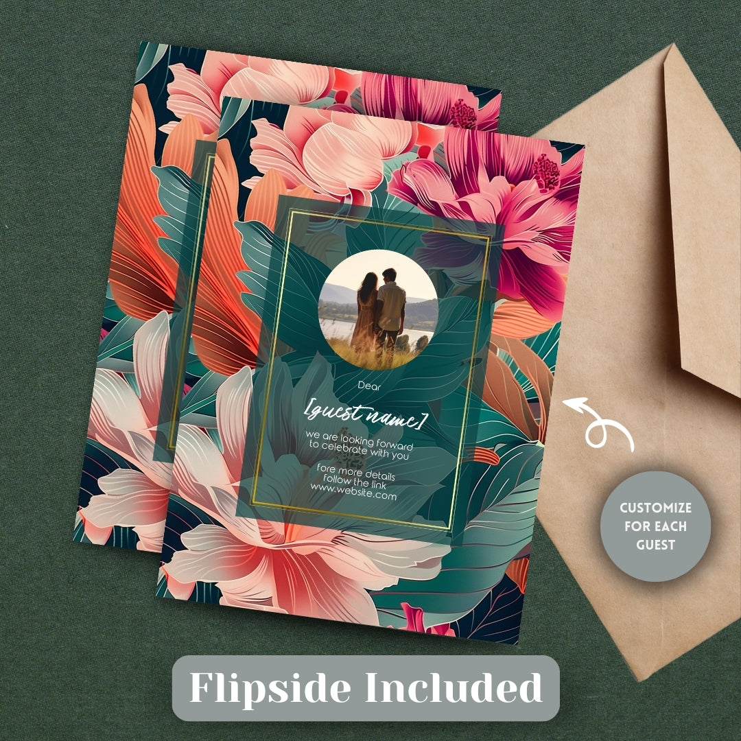 Teal and Orange Florals Minimalist Wedding Invitation