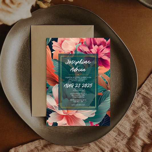 Teal and Orange Florals Minimalist Wedding Invitation