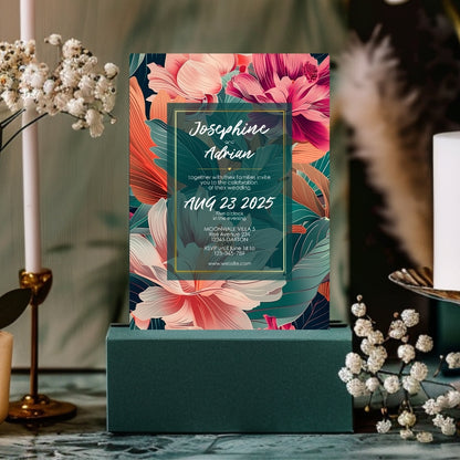 Teal and Orange Florals Minimalist Wedding Invitation