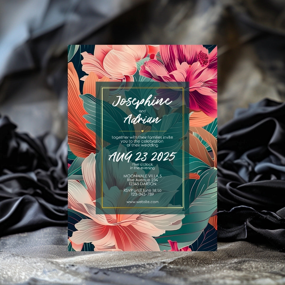 Teal and Orange Florals Minimalist Wedding Invitation