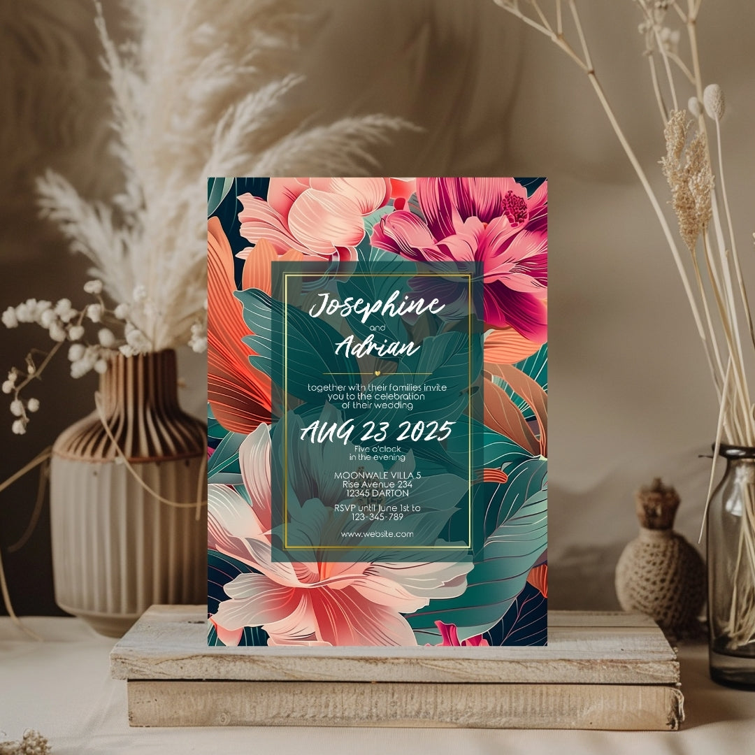 Teal and Orange Florals Minimalist Wedding Invitation