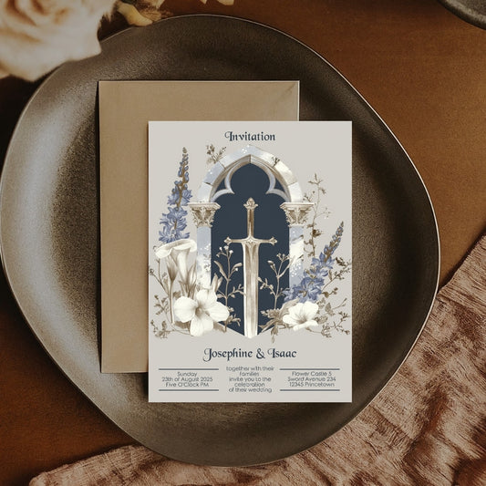 Medieval Gothic Floral Sword Wedding Invitation