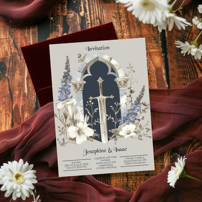 Medieval Gothic Floral Sword Wedding Invitation