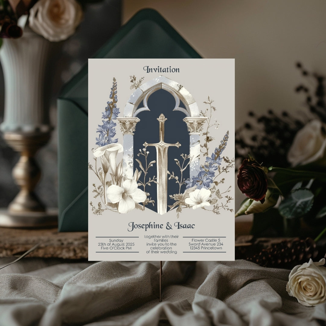 Medieval Gothic Floral Sword Wedding Invitation