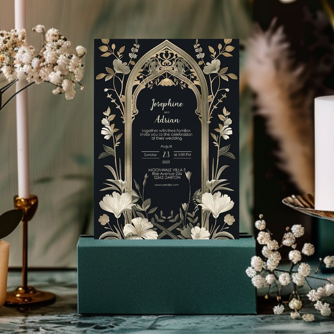 Vintage Gothic Greenery Wedding Invitation