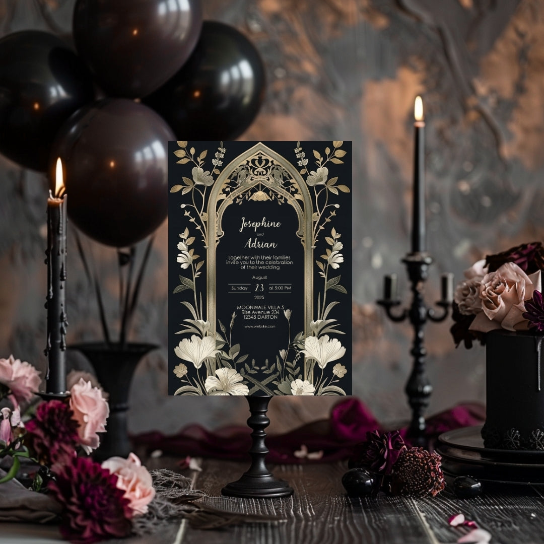 Vintage Gothic Greenery Wedding Invitation