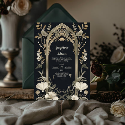 Vintage Gothic Greenery Wedding Invitation