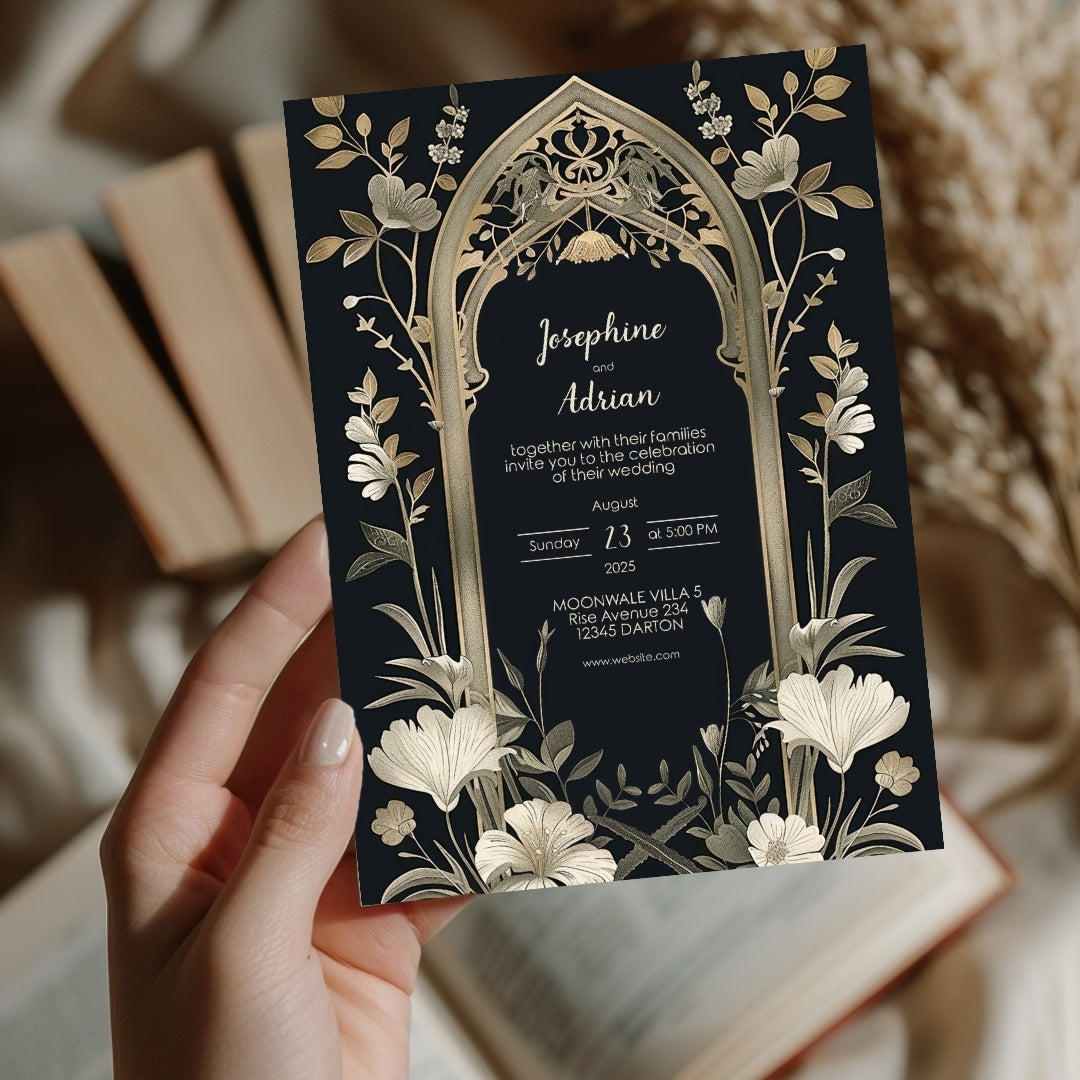 Vintage Gothic Greenery Wedding Invitation