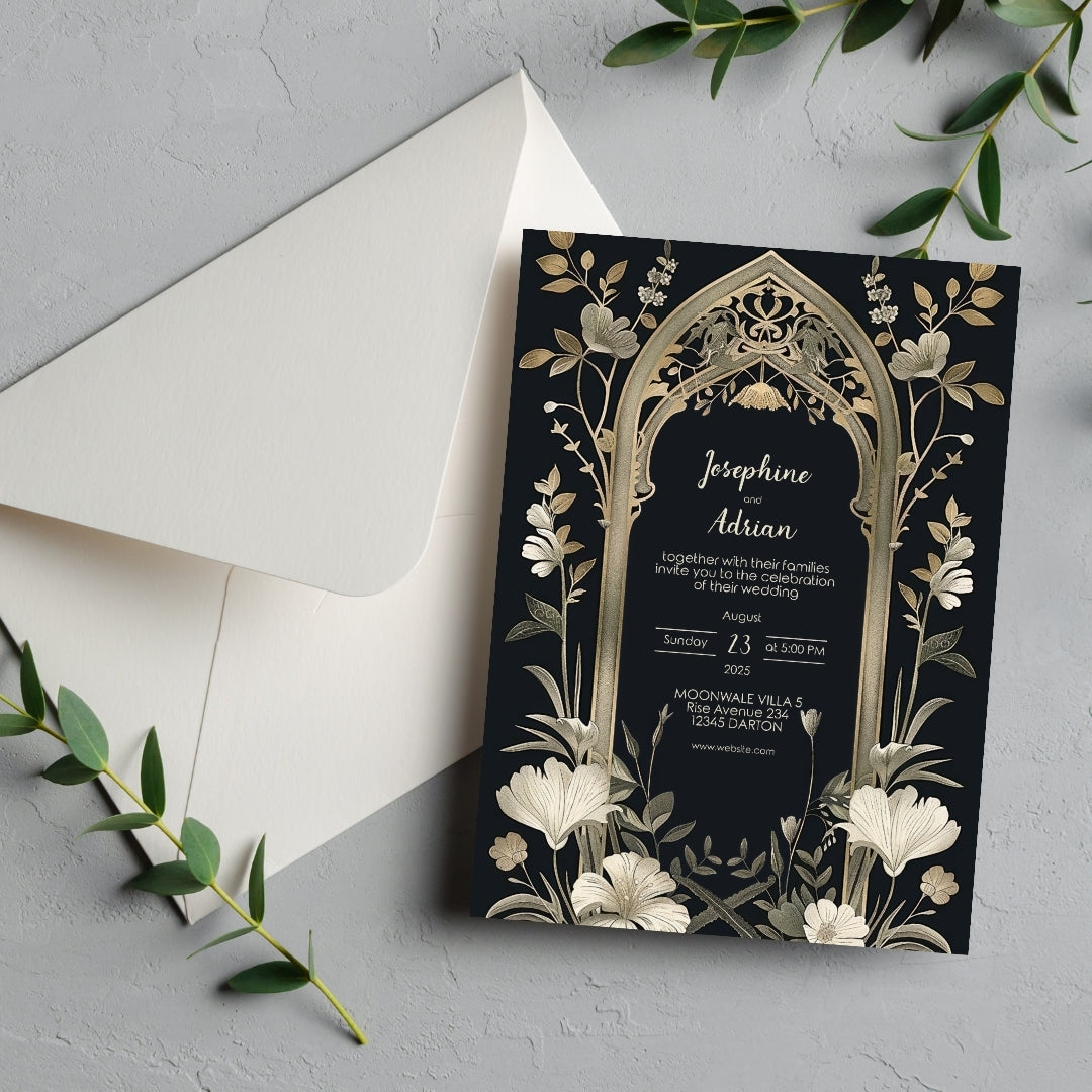 Vintage Gothic Greenery Wedding Invitation