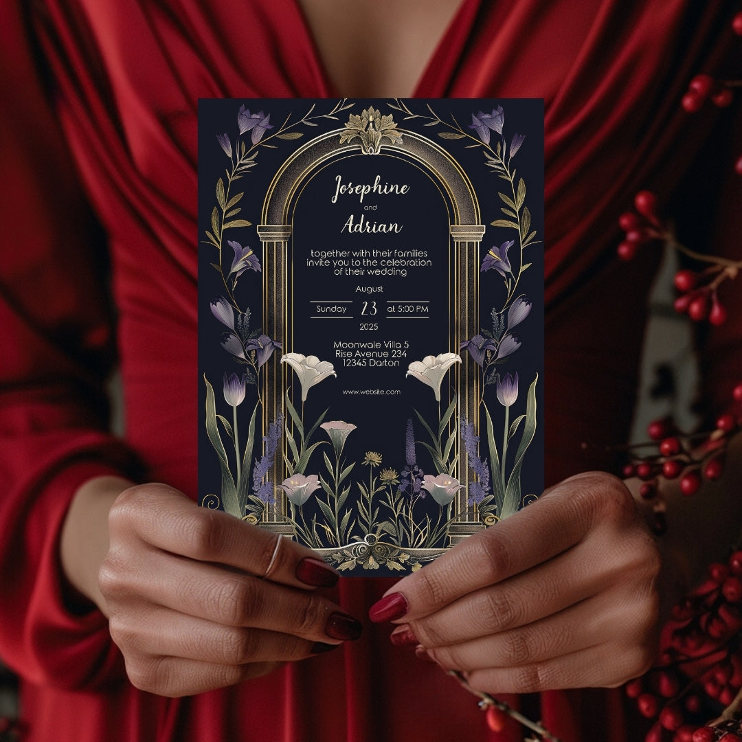 Vintage Floral Gothic Arch Wedding Invitation