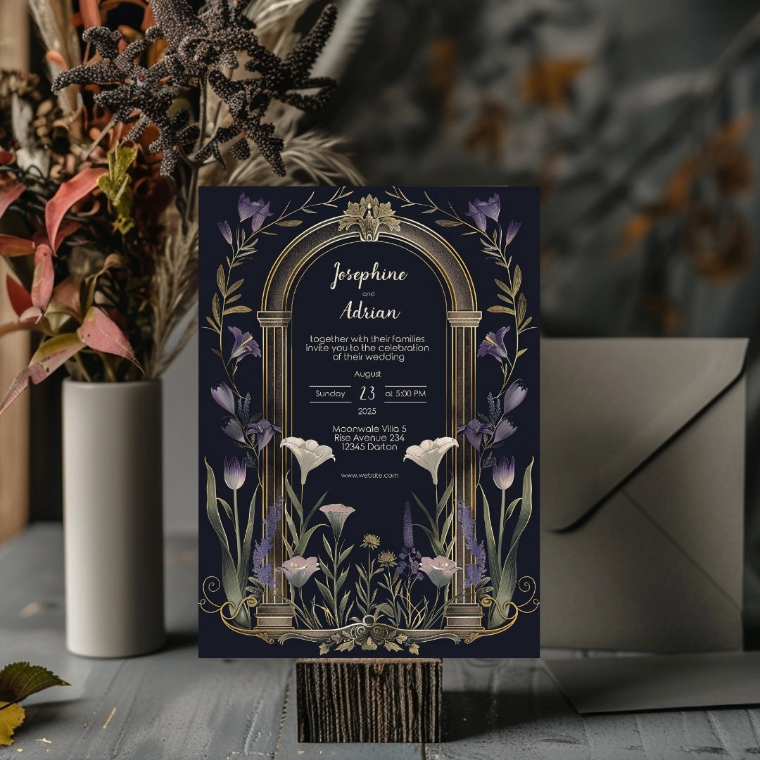 Vintage Floral Gothic Arch Wedding Invitation