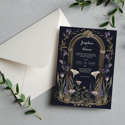 Vintage Floral Gothic Arch Wedding Invitation