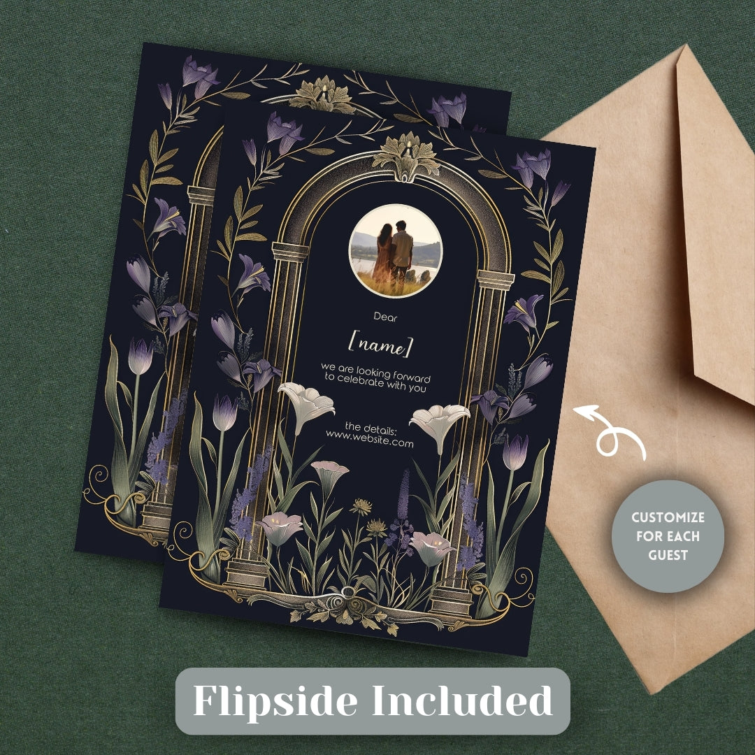 Vintage Floral Gothic Arch Wedding Invitation