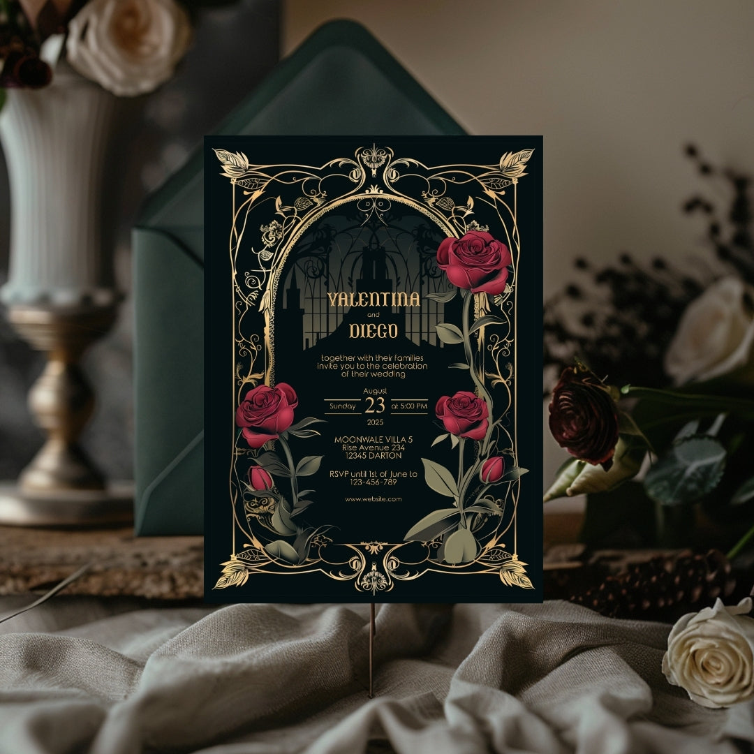 Classic Gothic Rose Castle Wedding Invitation