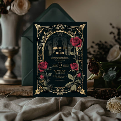 Classic Gothic Rose Castle Wedding Invitation