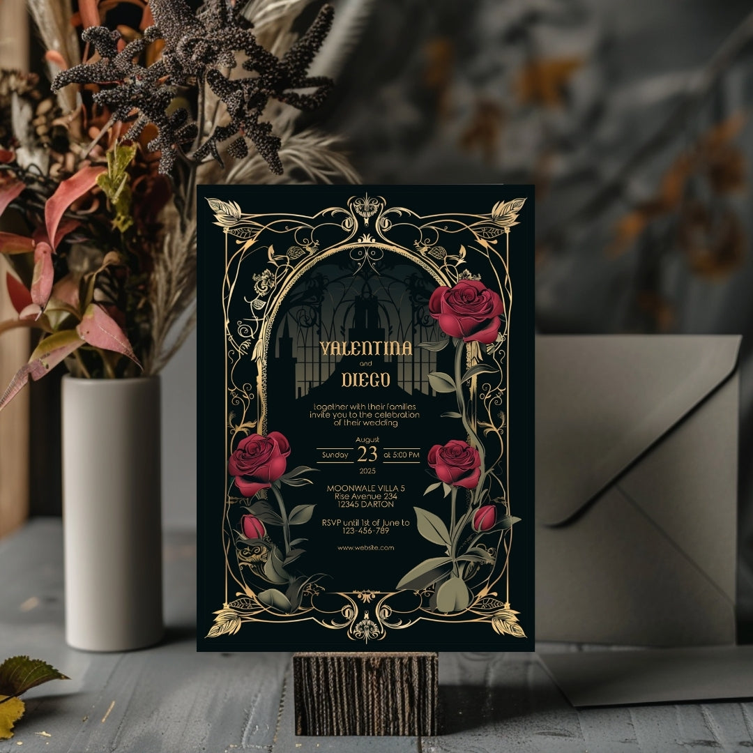 Classic Gothic Rose Castle Wedding Invitation