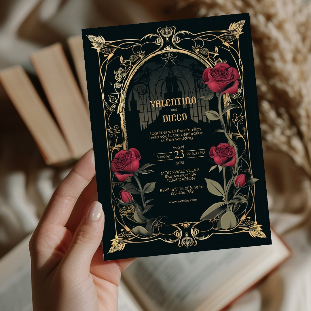 Classic Gothic Rose Castle Wedding Invitation