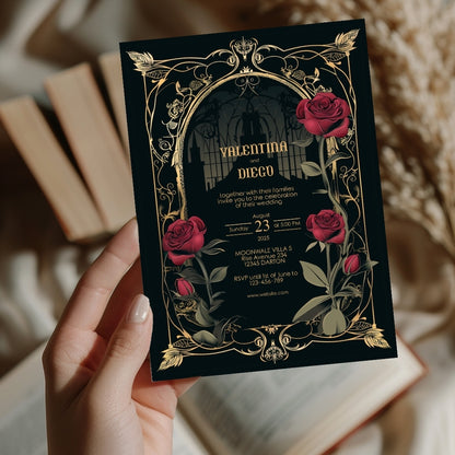 Classic Gothic Rose Castle Wedding Invitation