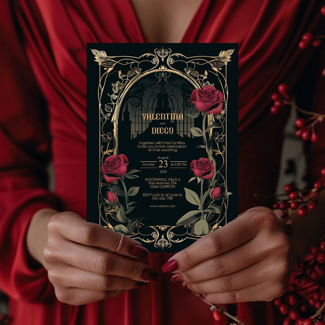 Classic Gothic Rose Castle Wedding Invitation