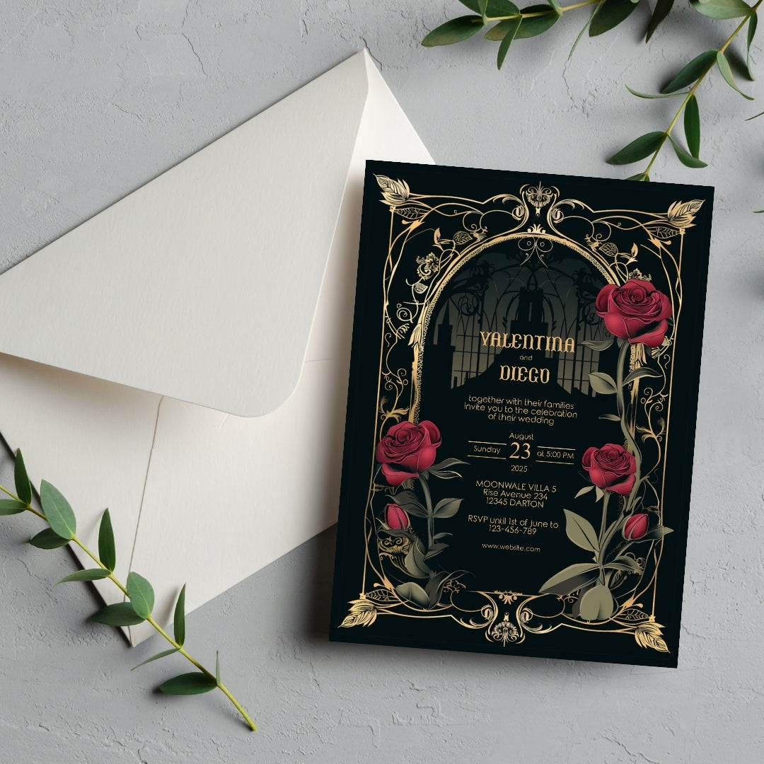 Classic Gothic Rose Castle Wedding Invitation