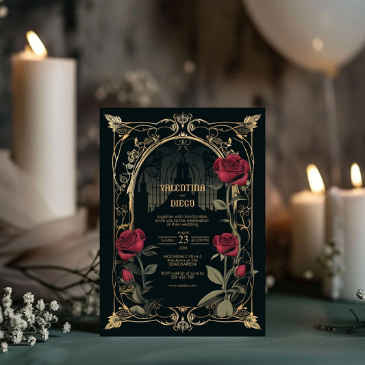 Classic Gothic Rose Castle Wedding Invitation