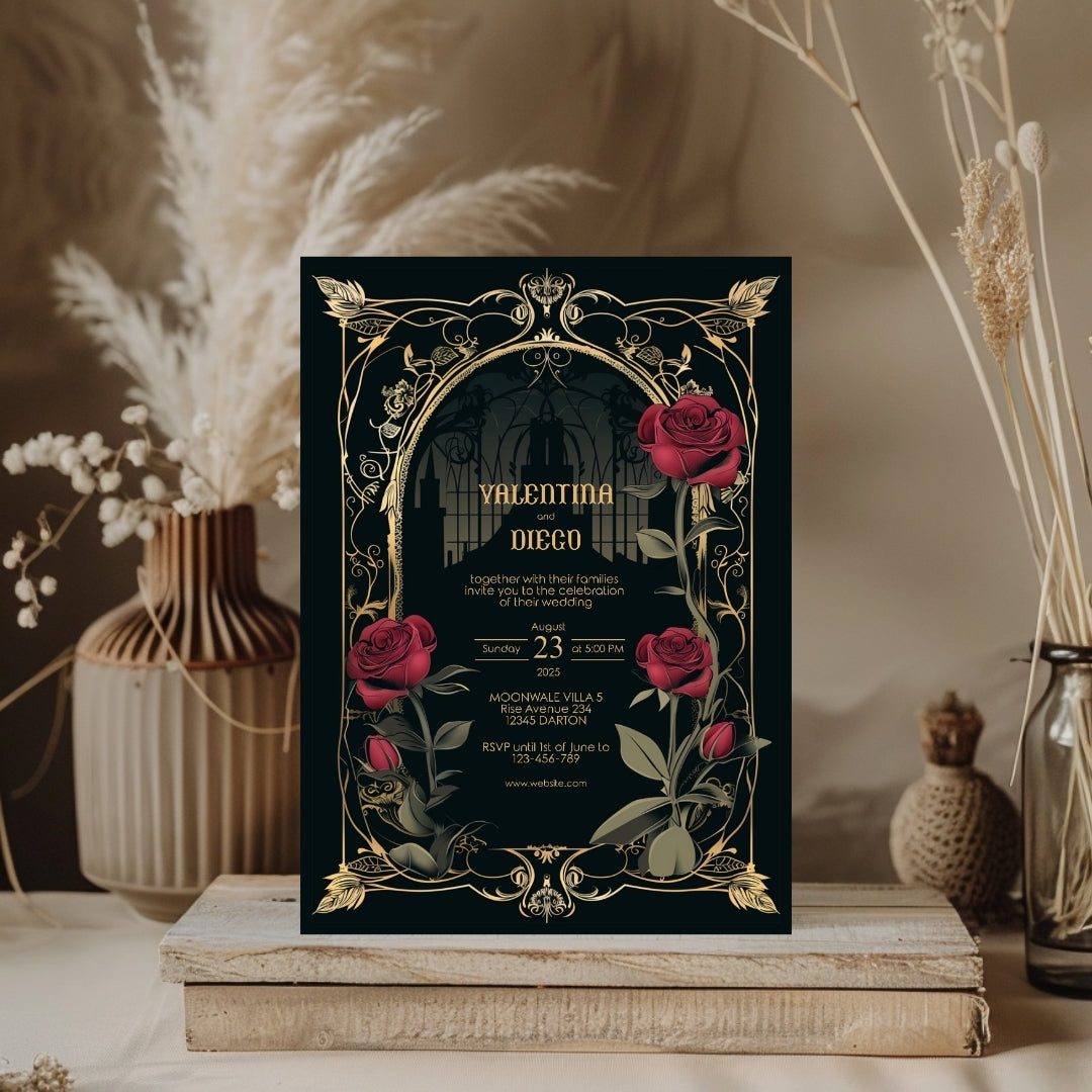 Classic Gothic Rose Castle Wedding Invitation