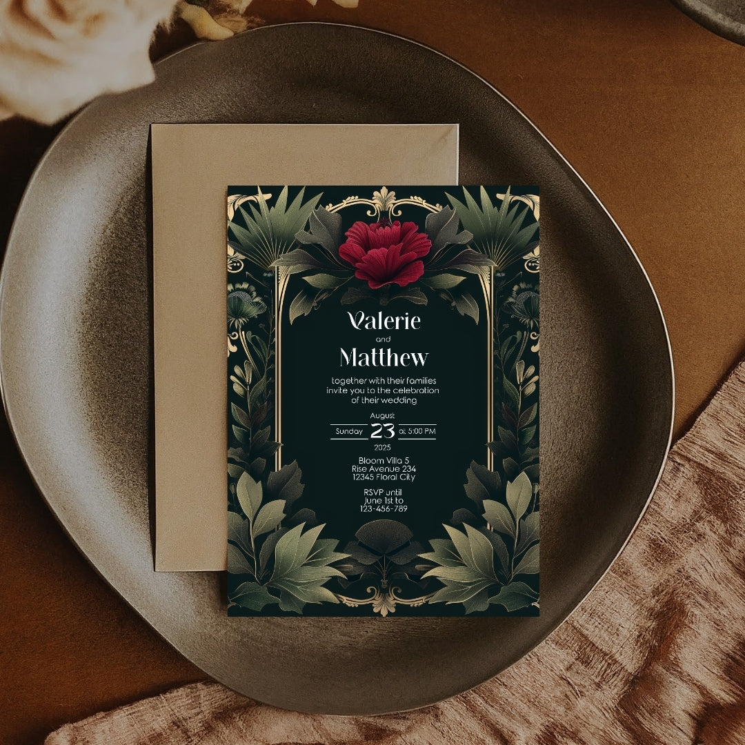 Red Rose Vintage Garden Arch Wedding Invitation