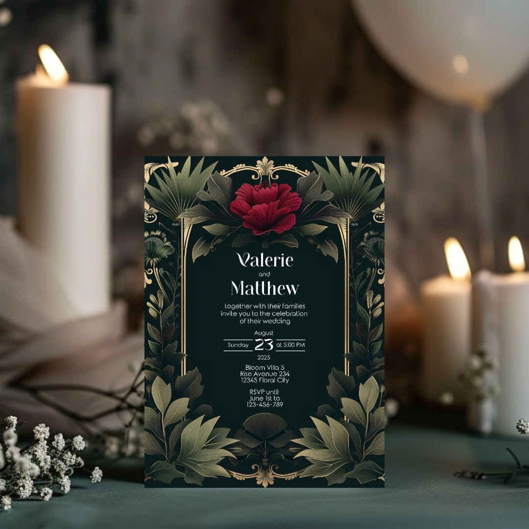 Red Rose Vintage Garden Arch Wedding Invitation