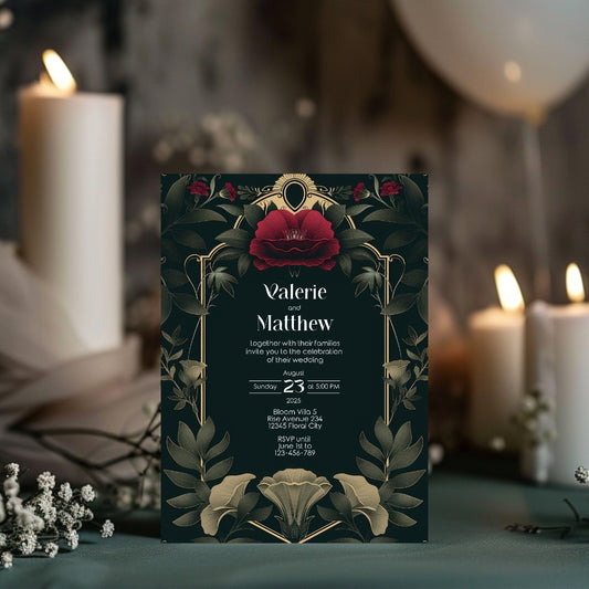 Celestial Red Rose Vintage Garden Wedding Invitation