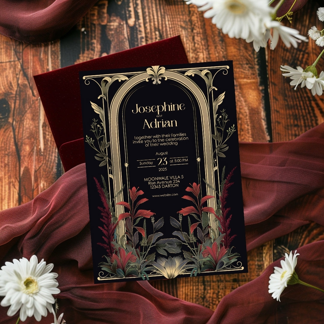 Red Floral Dark Academia Gothic Wedding Invitation