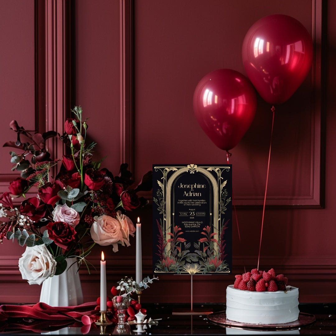 Red Floral Dark Academia Gothic Wedding Invitation