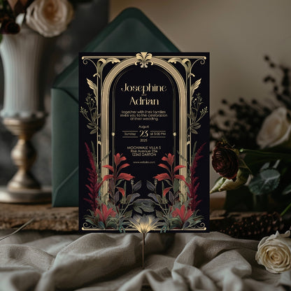 Red Floral Dark Academia Gothic Wedding Invitation