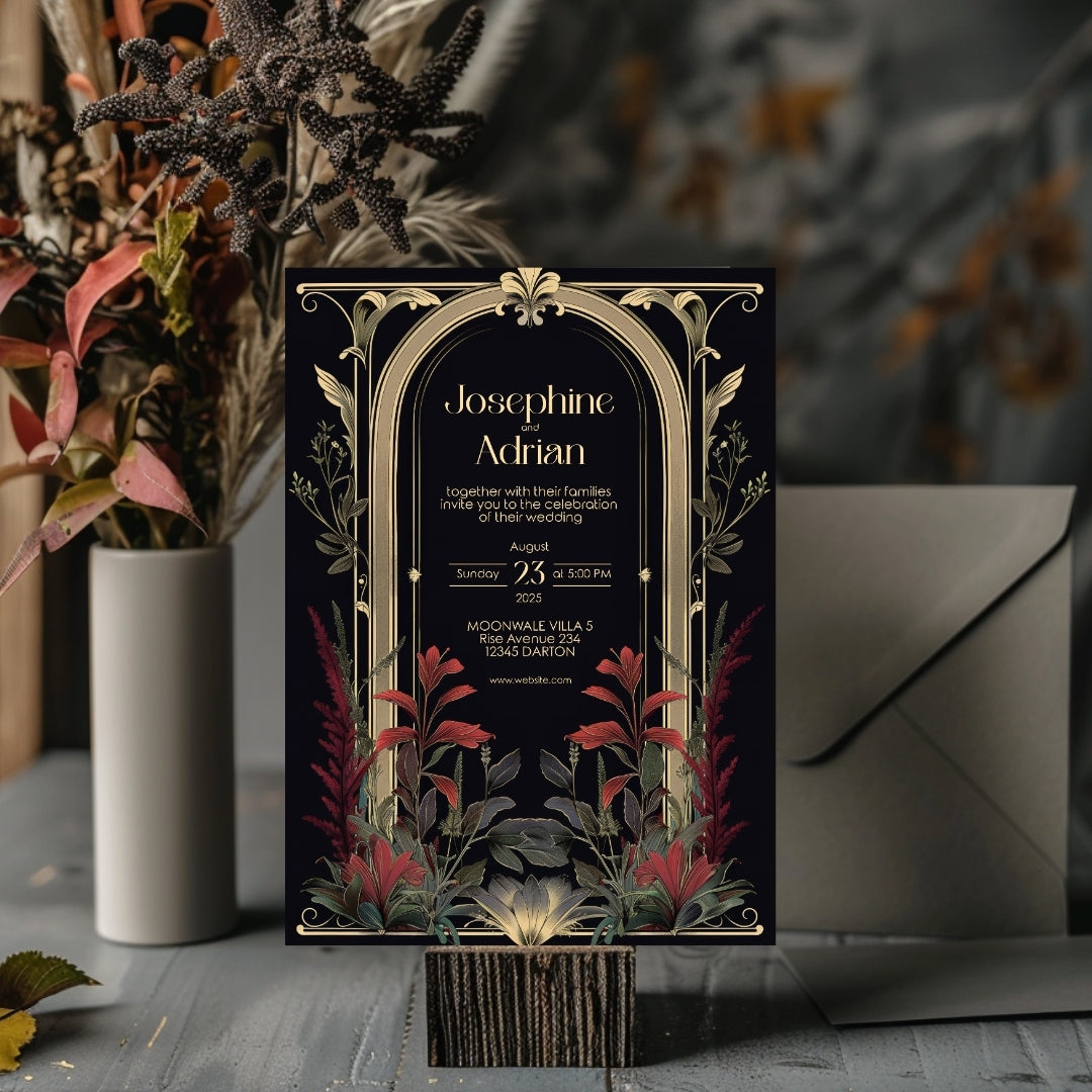 Red Floral Dark Academia Gothic Wedding Invitation