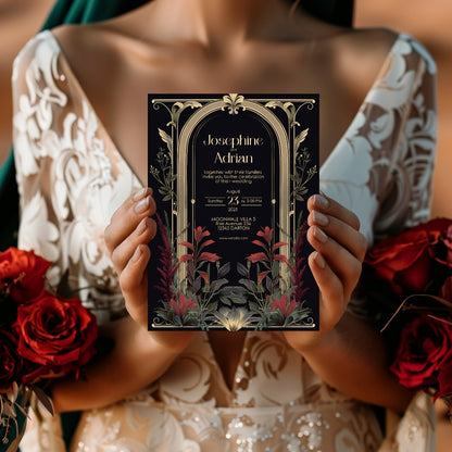 Red Floral Dark Academia Gothic Wedding Invitation