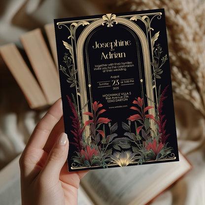 Red Floral Dark Academia Gothic Wedding Invitation